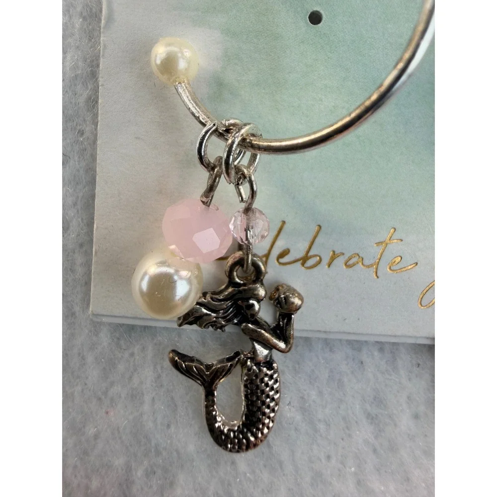 Periwinkle by Barlow Mermaid Charm Hoop Earrings Silver Tone Pink Pearl NEW